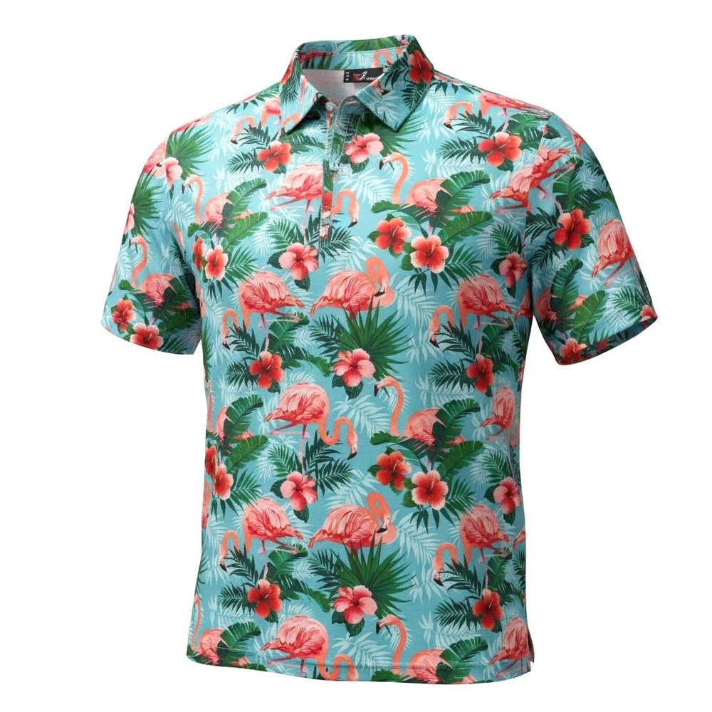 Yatta Golf Polo Mens Large Blue Flamingo Hibiscus Tropical Performance Shirt
